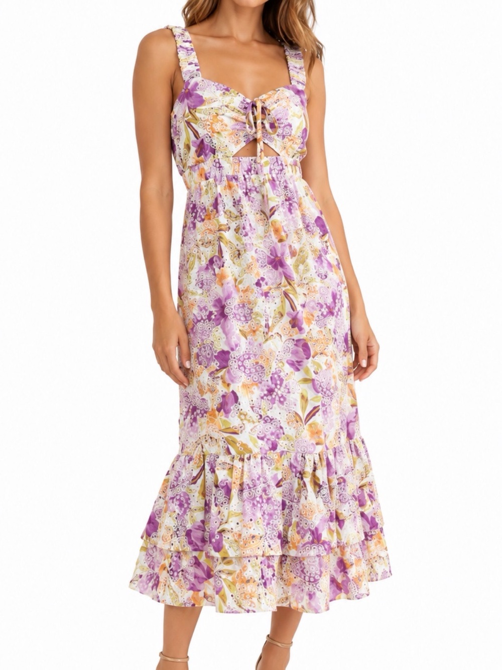 Adelyn Rae Kathleena Embroidered Eyelet Cutout Floral Midi Dress